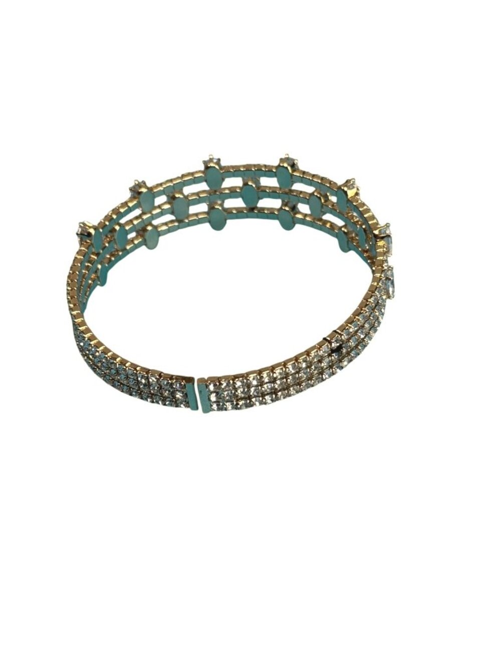 Triple Row Gold Tone Cuff Bracelet With Marquise Cut Crystal Rhinestones - Picture 6 of 7